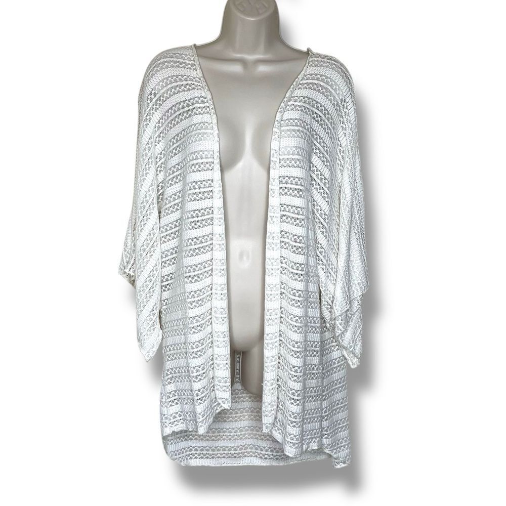 Off White Lace Kimono Open Front Handmade Oversize Ruana Women XL Boho Cardigan